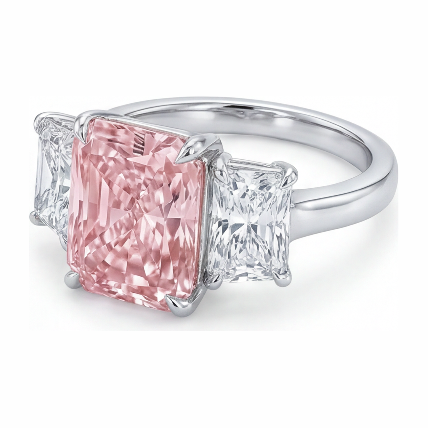 Pink Stone Engagement Ring 5.5 Carat Lab Grown Radiant Diamond Three Cathedral 14K White Gold