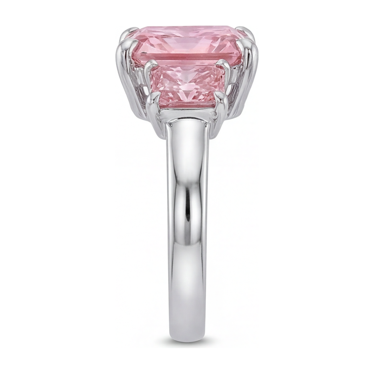 Pink Diamond Engagement Ring 5.5 Carat Lab Grown Radiant Three Stone Plain 14K White Gold