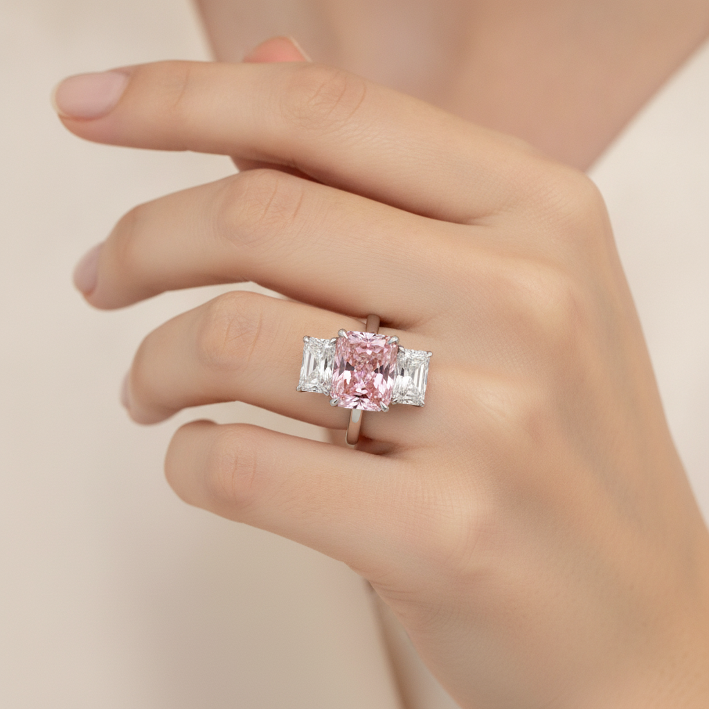 Pink Stone Engagement Ring 5.5 Carat Lab Grown Radiant Diamond Three Cathedral 14K White Gold