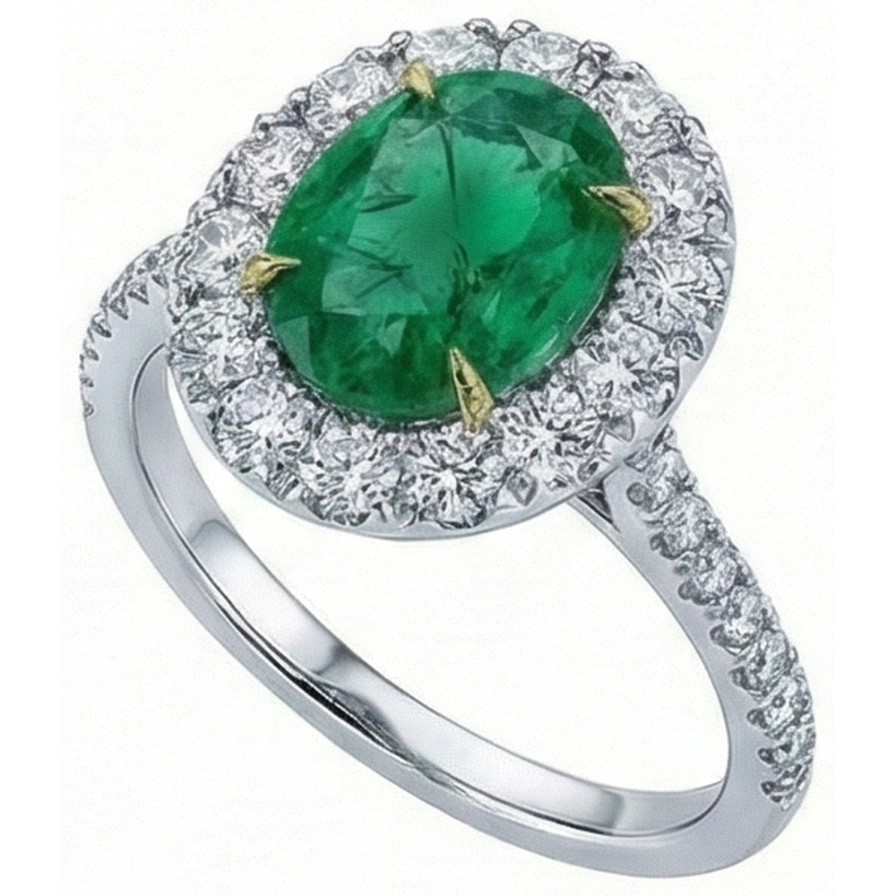 5.50 Carats Green Emerald And Natural Earth Mined Diamonds Engagement Ring Two Tone Gold 14K