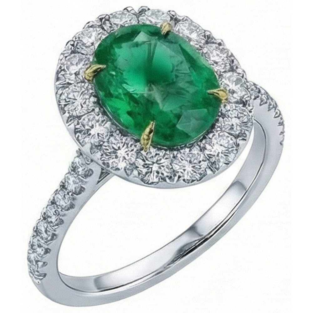5.50 Carats Green Emerald And Natural Earth Mined Diamonds Engagement Ring Two Tone Gold 14K