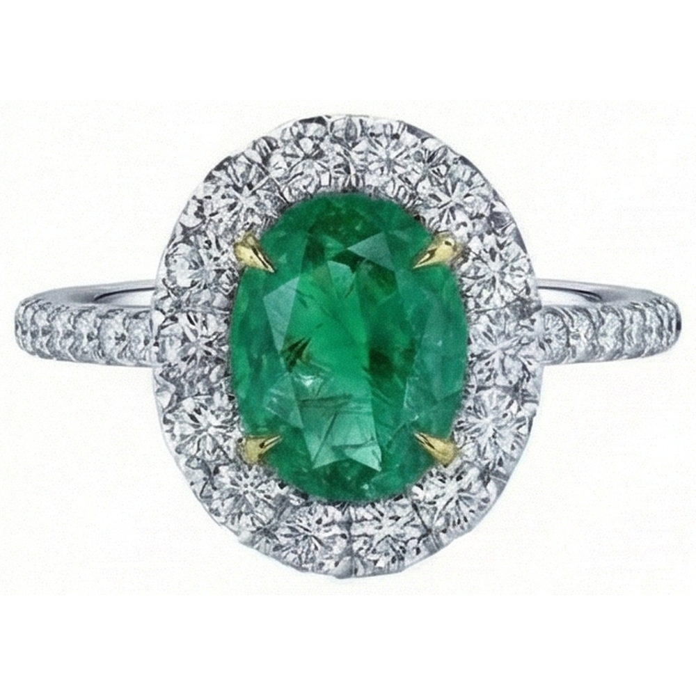 5.50 Carats Green Emerald And Natural Earth Mined Diamonds Engagement Ring Two Tone Gold 14K