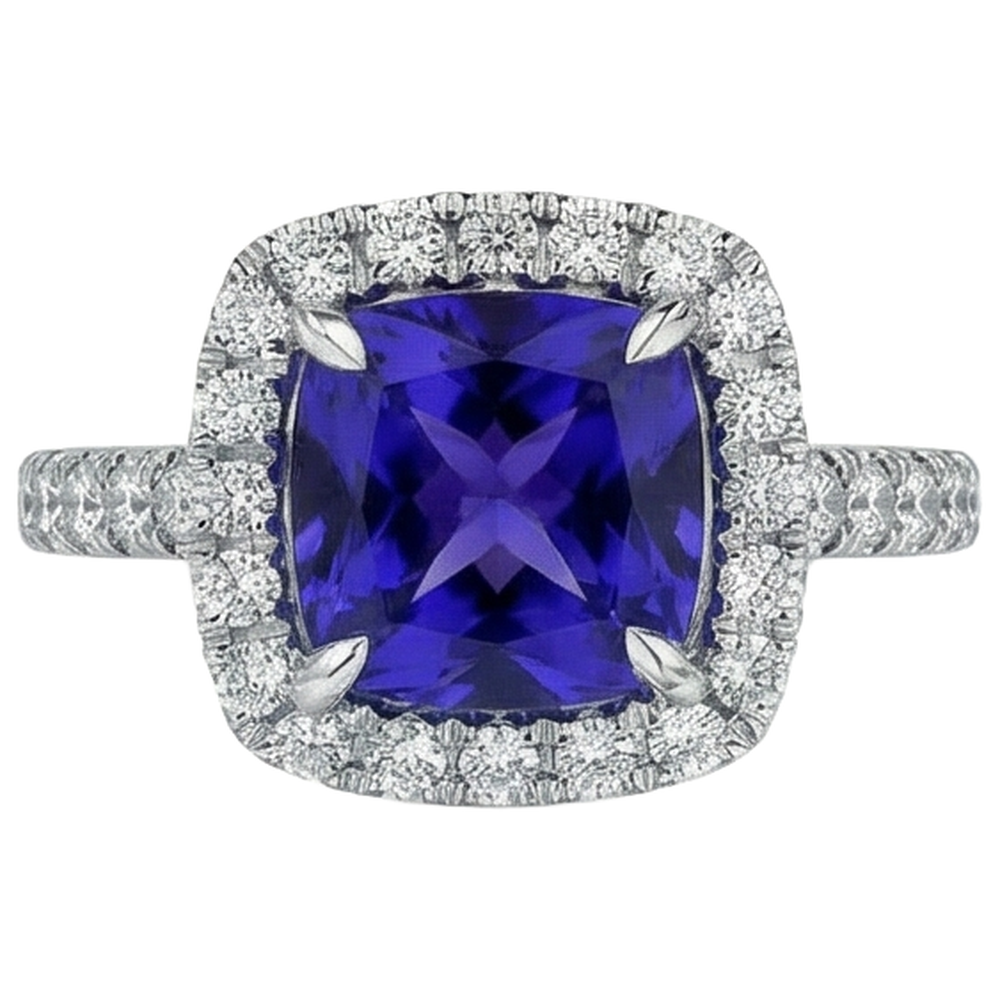 5.50 Ct Cushion Tanzanite With Round Natural Earth Mined Diamond ( Not Lab Grown )s Ring Gold
