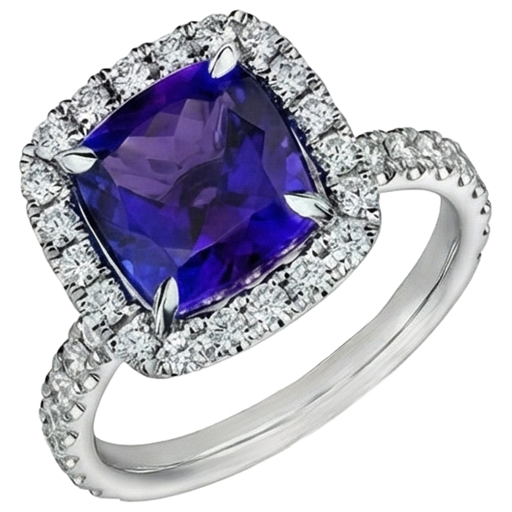 5.50 Ct Cushion Tanzanite With Round Natural Earth Mined Diamond ( Not Lab Grown )s Ring Gold