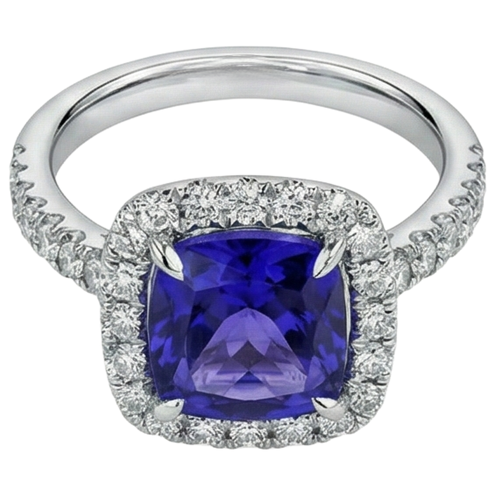 5.50 Ct Cushion Tanzanite With Round Natural Earth Mined Diamond ( Not Lab Grown )s Ring Gold