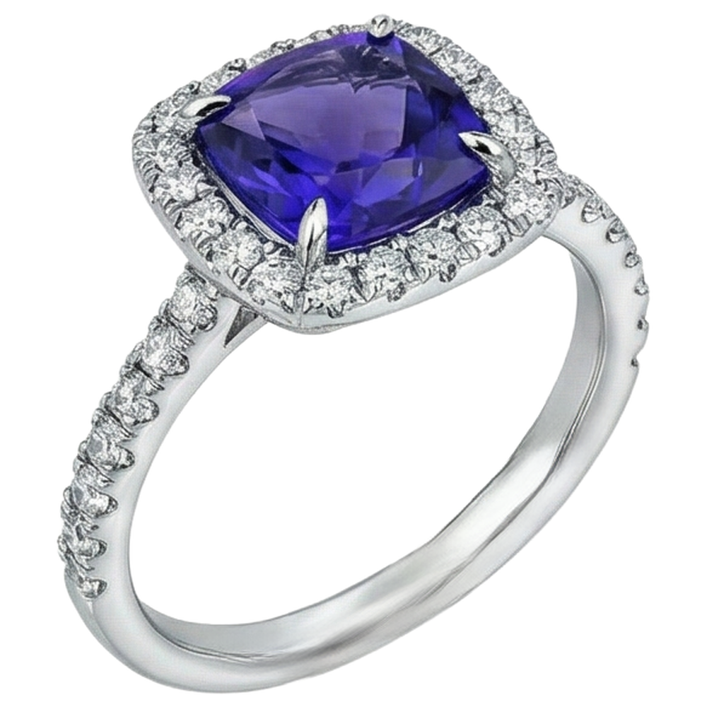 5.50 Ct Cushion Tanzanite With Round Natural Earth Mined Diamond ( Not Lab Grown )s Ring Gold