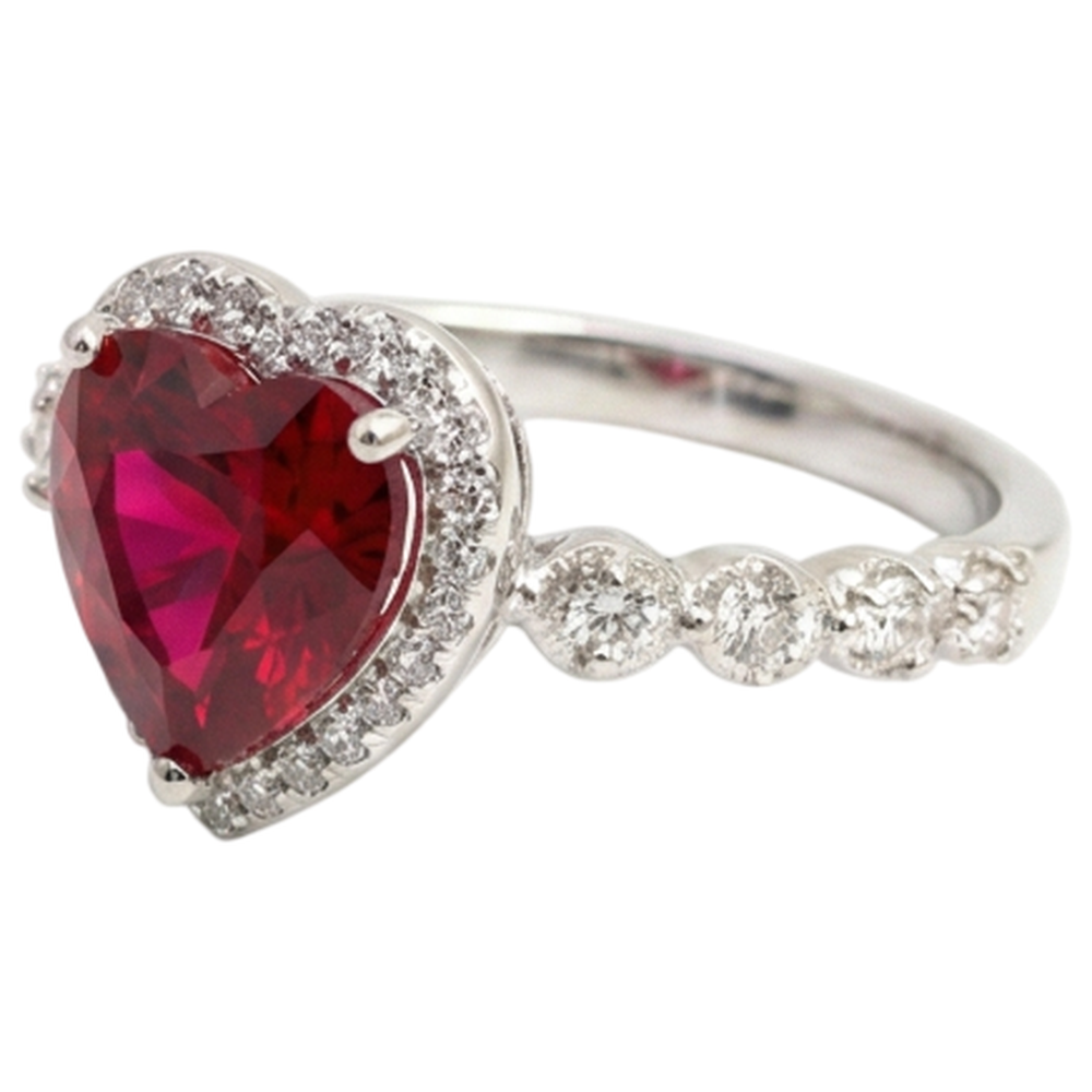 5.50 Ct Heart Shaped Ruby Halo Round Natural Earth Mined Diamond ( Not Lab Grown )  Ring White Gold 14K