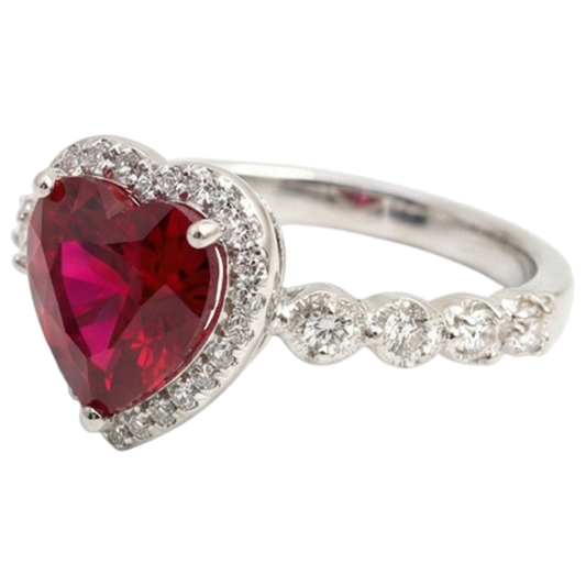 5.50 Ct Heart Shaped Ruby Halo Round Natural Earth Mined Diamond ( Not Lab Grown )  Ring White Gold 14K