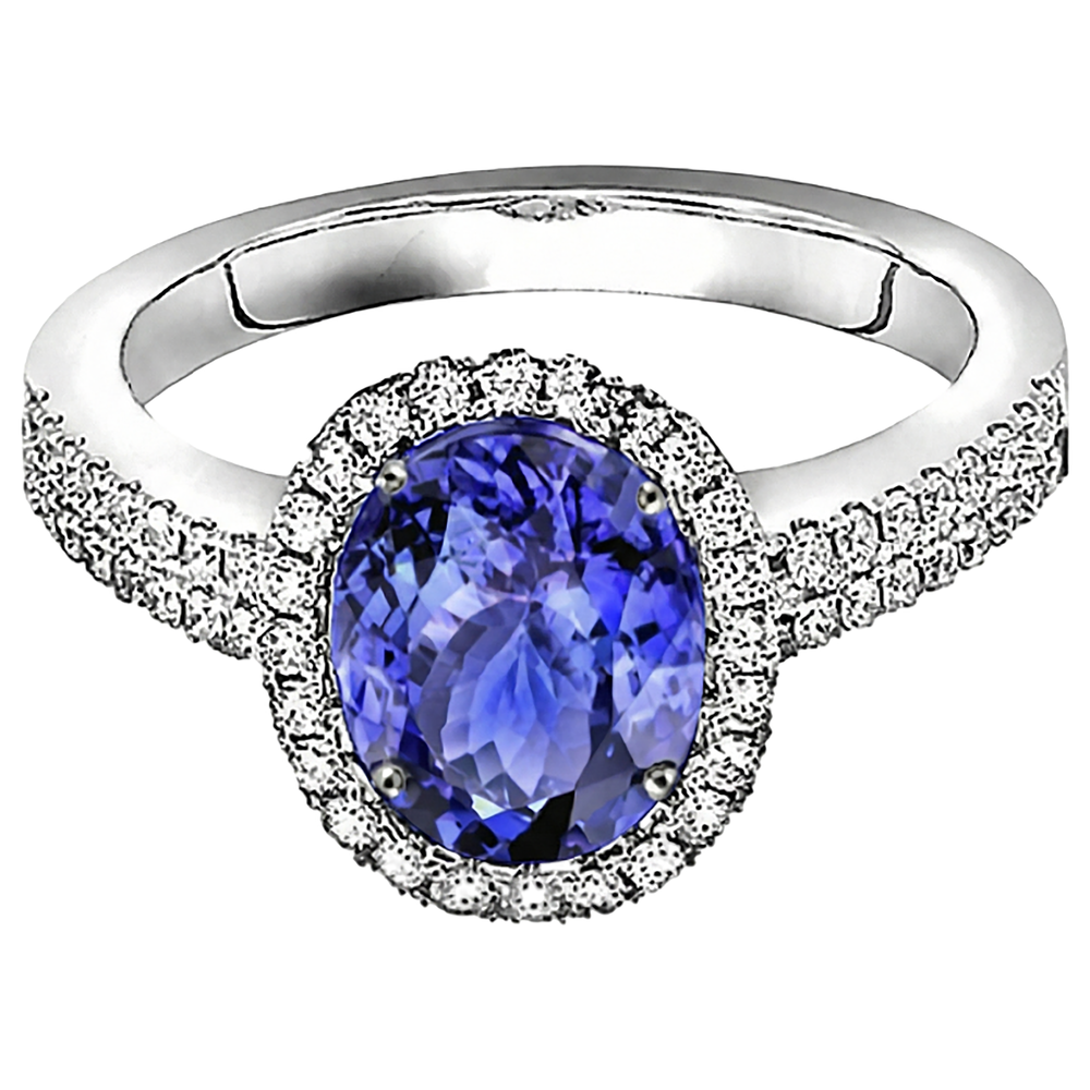 natural round tanzanite 5.60ct ring close up detail
