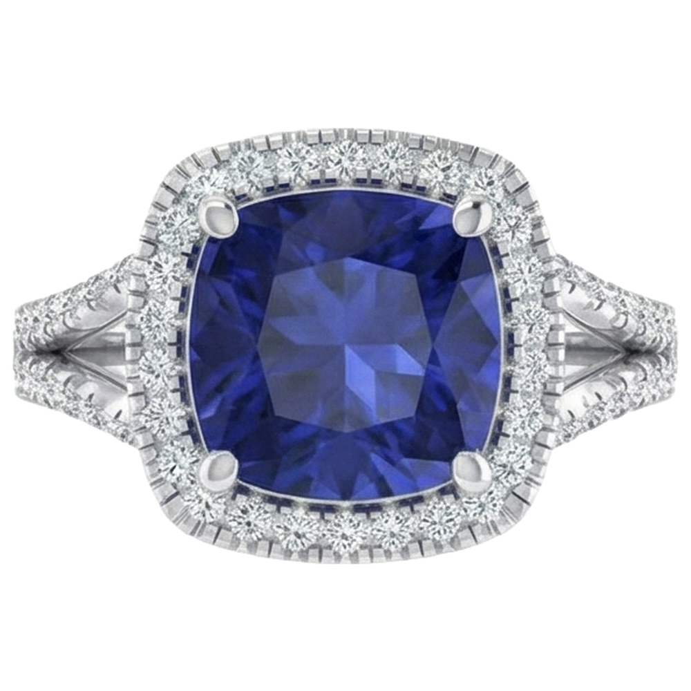 5.70 Ct Big Cushion Tanzanite & Round Natural Earth Mined Diamond Ring White Gold 14K