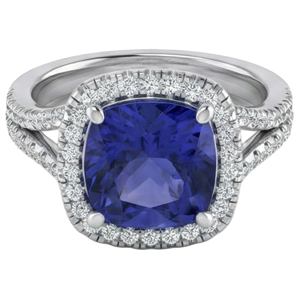5.70 Ct Big Cushion Tanzanite & Round Natural Earth Mined Diamond Ring White Gold 14K