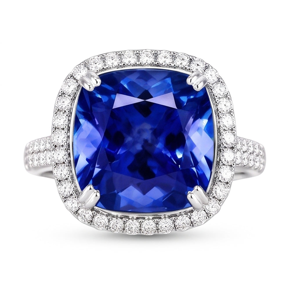 5.70 Ct Big Cushion Tanzanite & Round Natural Earth Mined Diamond ( Not Lab Grown ) Ring White Gold 14K