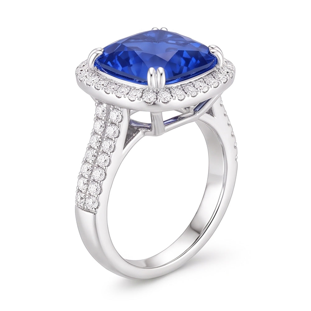 5.70 Ct Big Cushion Tanzanite & Round Natural Earth Mined Diamond ( Not Lab Grown ) Ring White Gold 14K