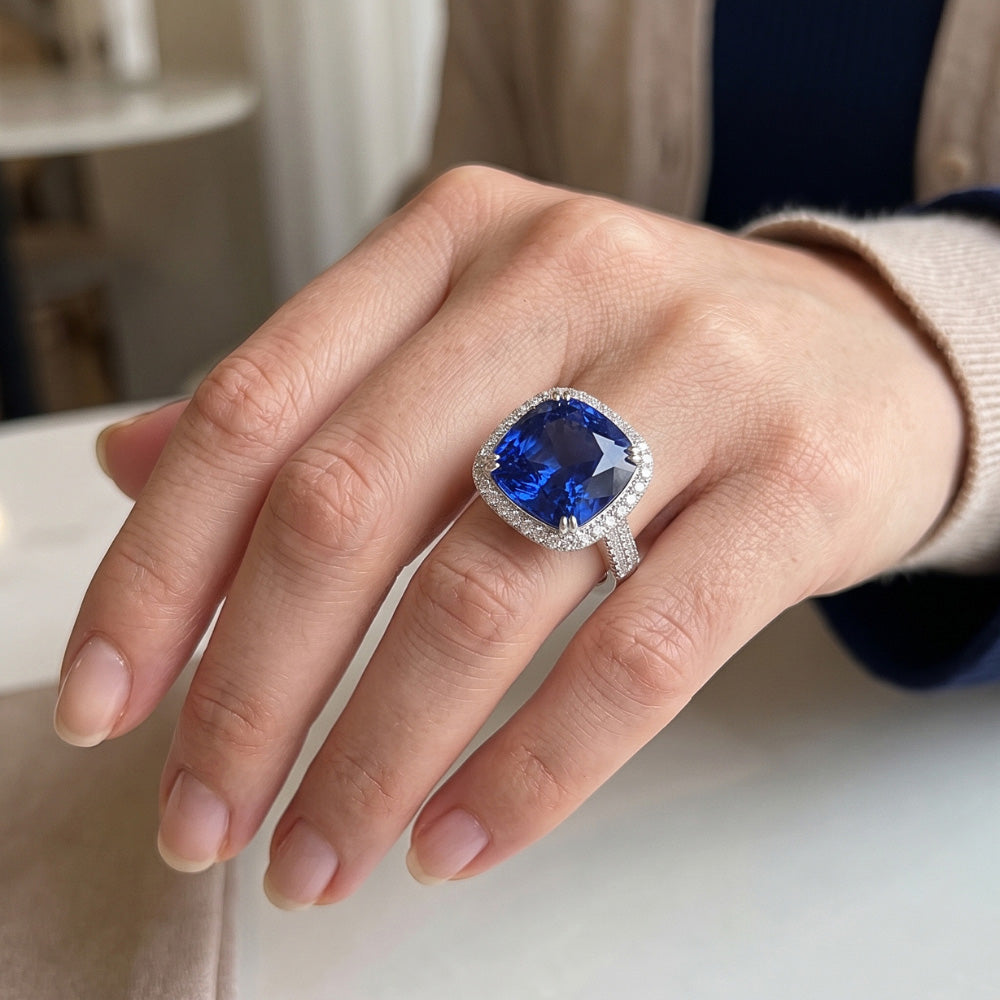 5.70 Ct Big Cushion Tanzanite & Round Natural Earth Mined Diamond ( Not Lab Grown ) Ring White Gold 14K