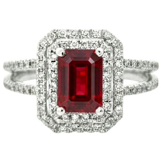 5 Carats Emerald Cut Ruby And Natural Earth Mined Diamond ( Not Lab Grown ) Ring White Gold 14K Jewelry