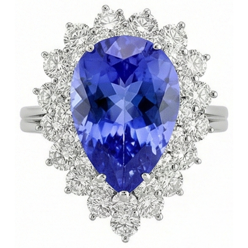 5 Carats Halo Pear Tanzanite & Natural Earth Mined Diamond ( Not Lab Grown ) Engagement Ring