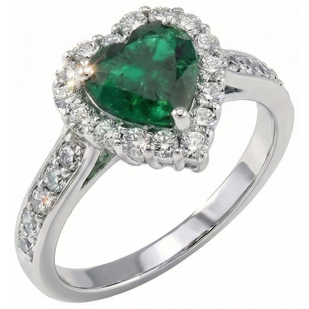 5 Carats Heart Cut Green Emerald And Natural Earth Mined Diamond ( Not Lab Grown )  Ring White 14K