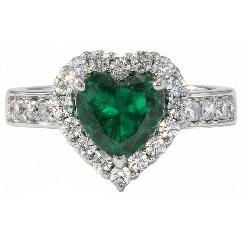 5 Carats Heart Cut Green Emerald And Natural Earth Mined Diamond ( Not Lab Grown )  Ring White 14K