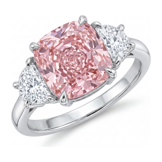 Pink Diamond Ring 5 Carat Lab Grown Cushion Three Stone 14K White Gold