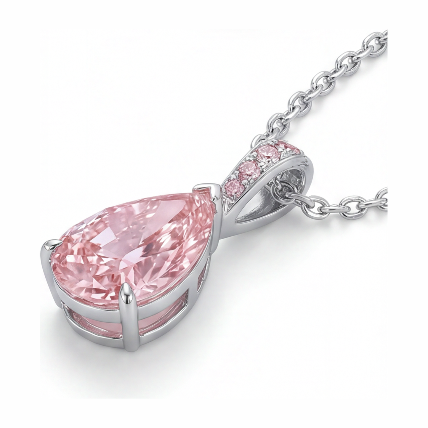 Pink Diamond Pendant Necklace 5 Carat Lab Grown Pear Pave Solitaire 14K White Gold