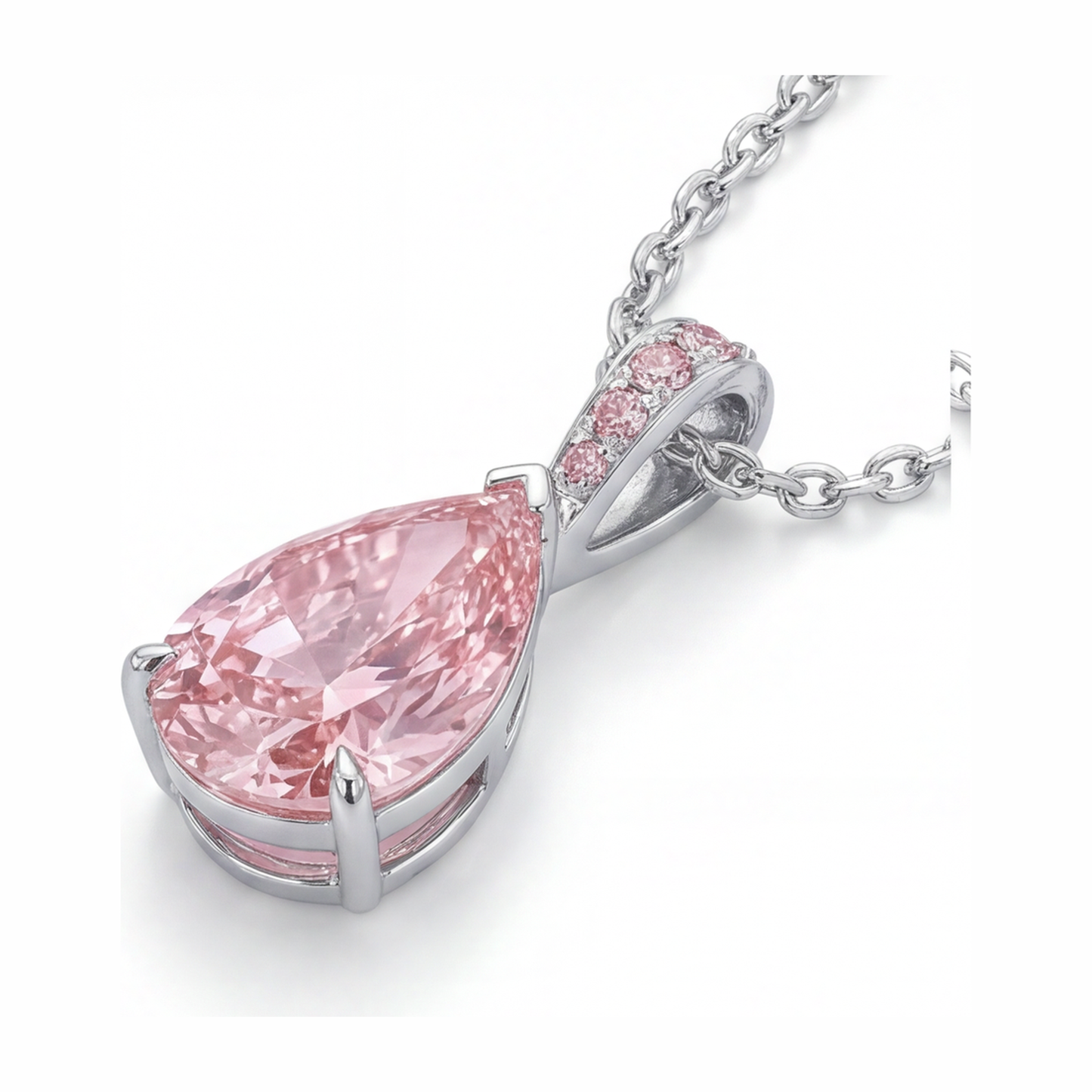 Pink Diamond Pendant Necklace 5 Carat Lab Grown Pear Pave Solitaire 14K White Gold