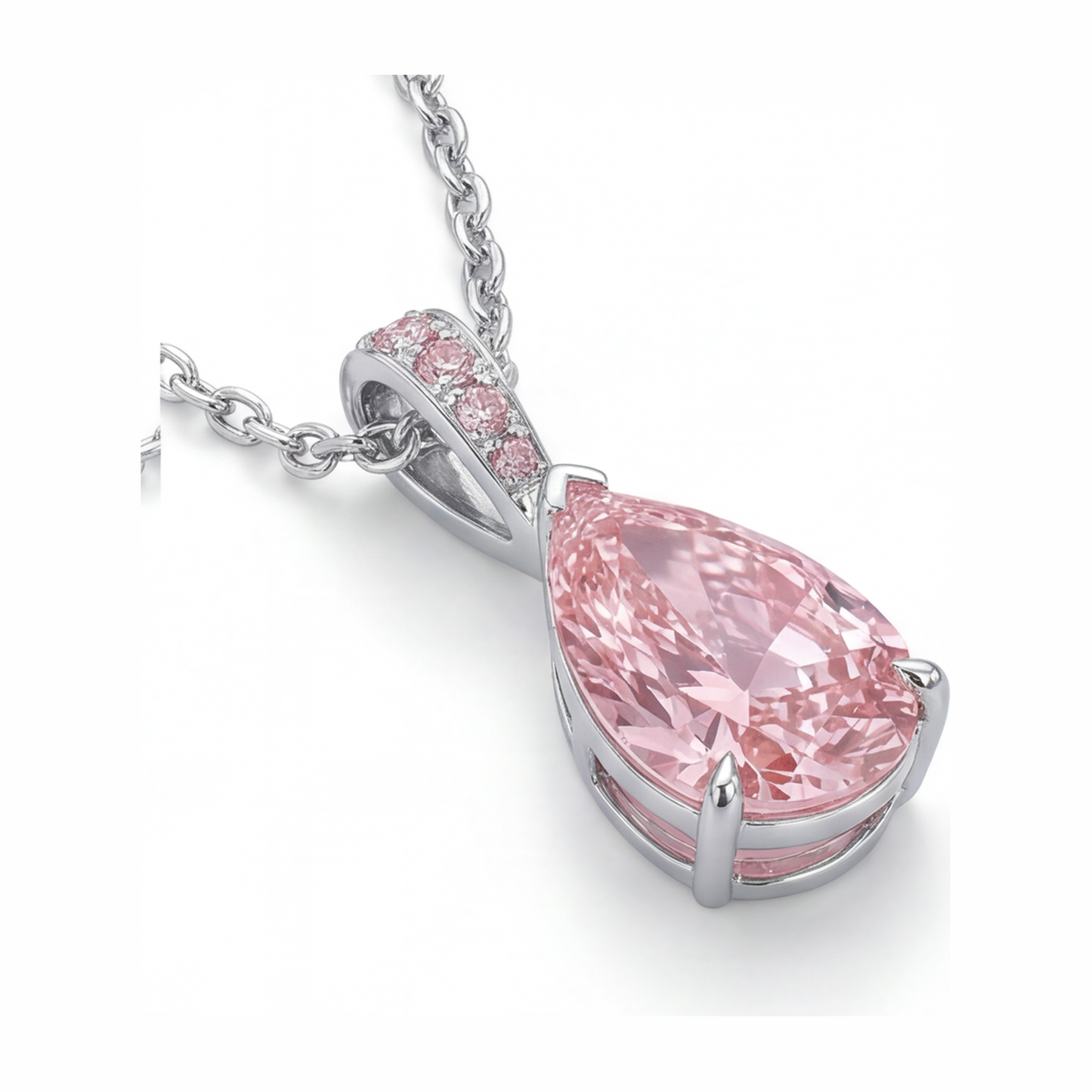 Pink Diamond Pendant Necklace 5 Carat Lab Grown Pear Pave Solitaire 14K White Gold