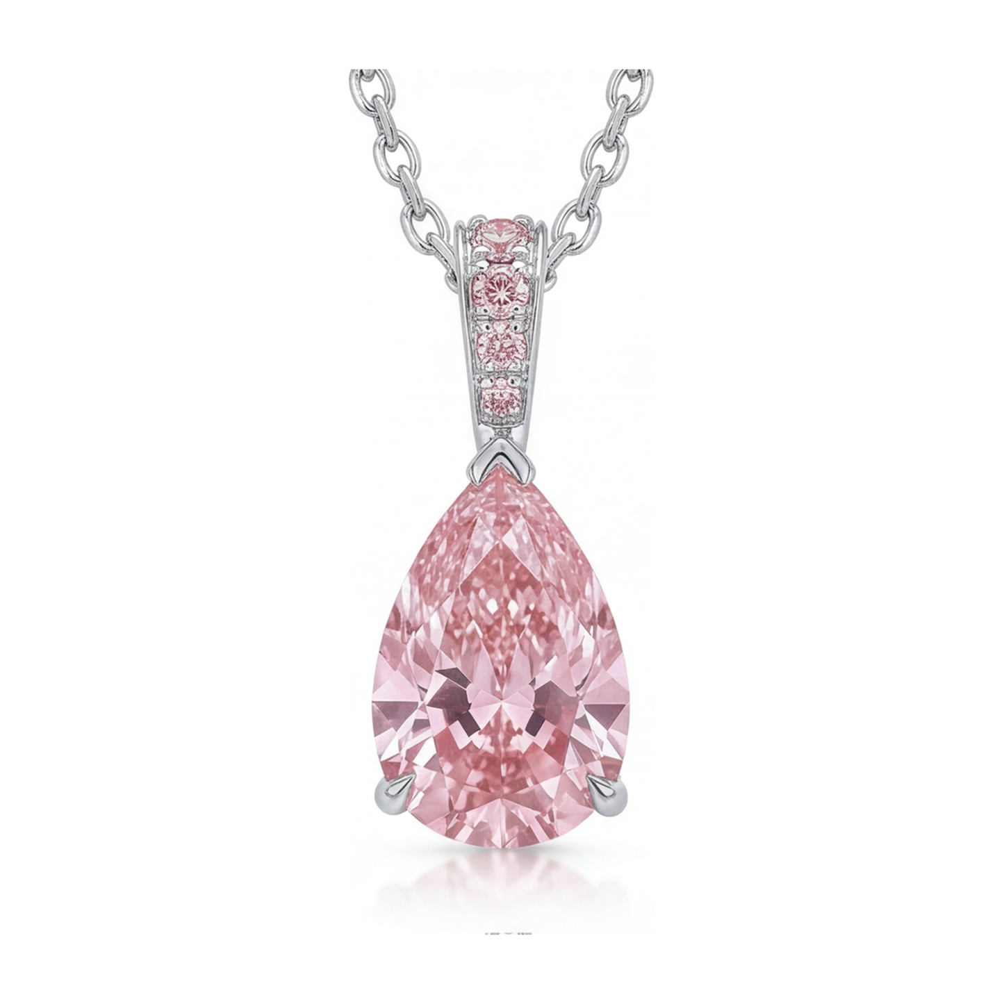 Pink Diamond Pendant Necklace 5 Carat Lab Grown Pear Pave Solitaire 14K White Gold