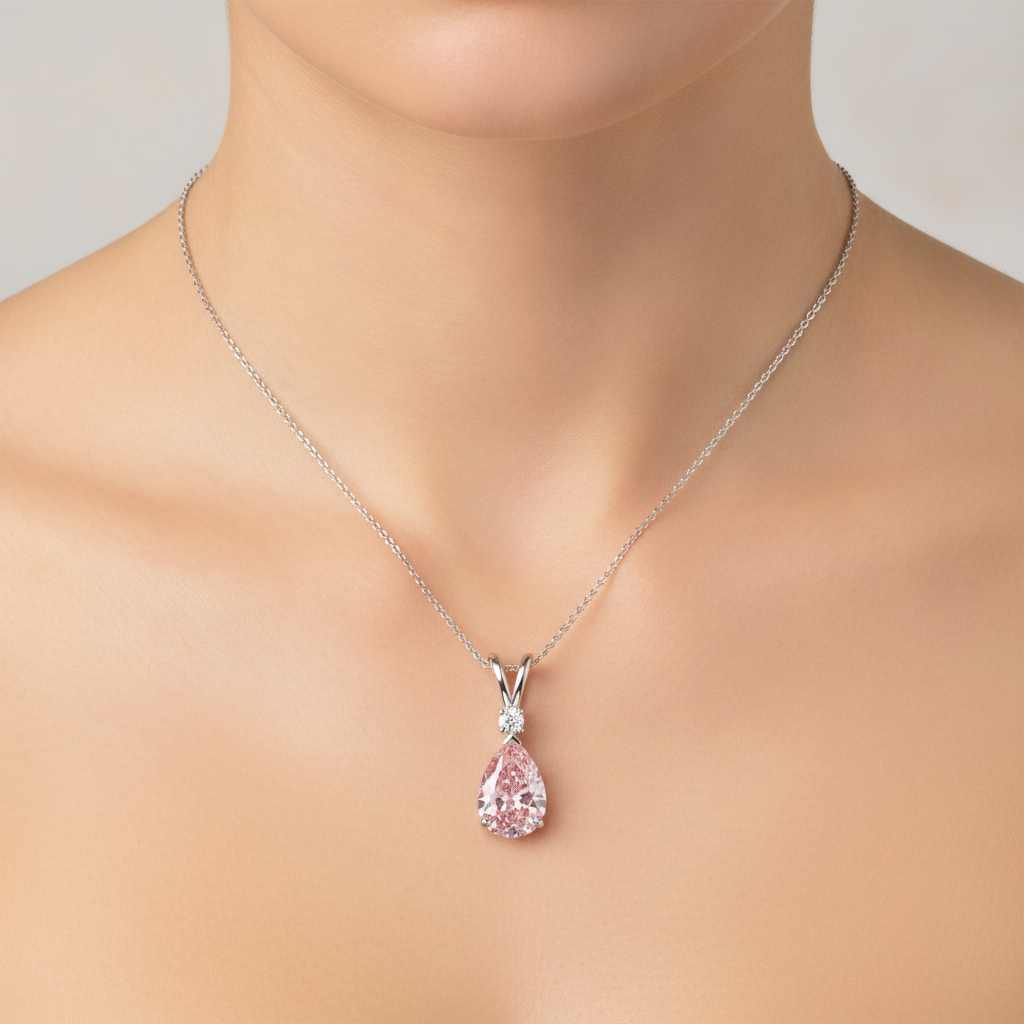 Pink Diamond Necklace 5 Carat Lab Grown Pear Split Shank Solitaire Pendant 14K White Gold