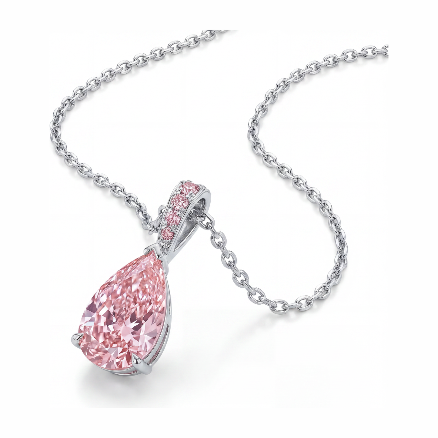 Pink Diamond Pendant Necklace 5 Carat Lab Grown Pear Pave Solitaire 14K White Gold