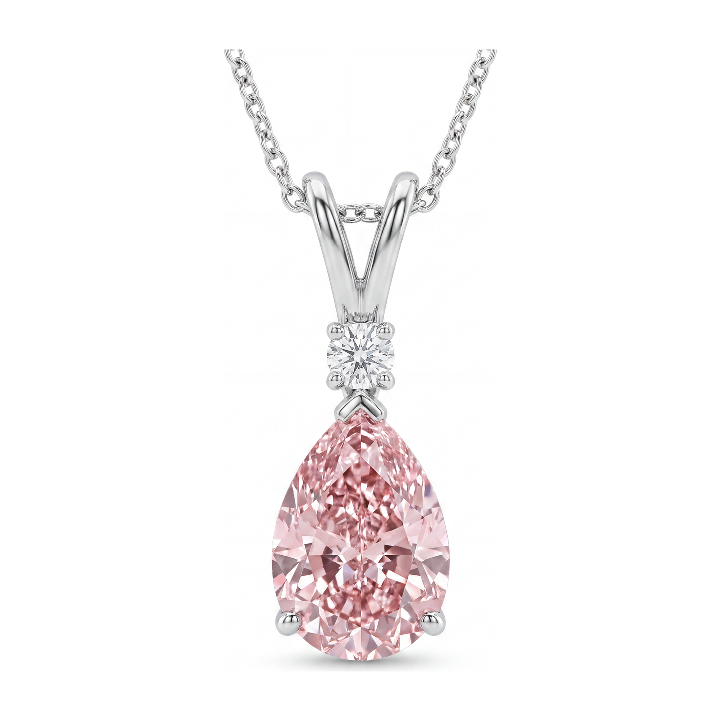 Pink Diamond Necklace 5 Carat Lab Grown Pear Split Shank Solitaire Pendant 14K White Gold