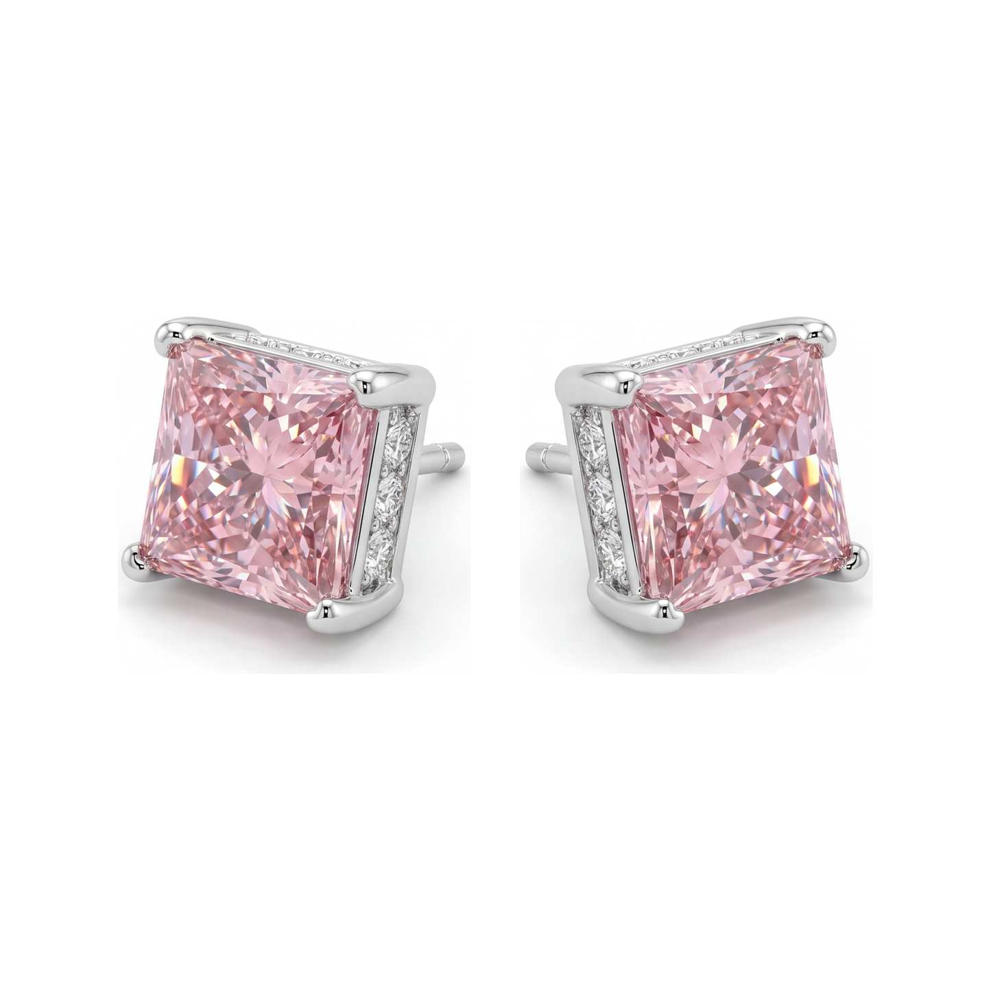 Pink Diamond Earrings 5 Carat Lab Grown Princess Solitaire 14K White Gold