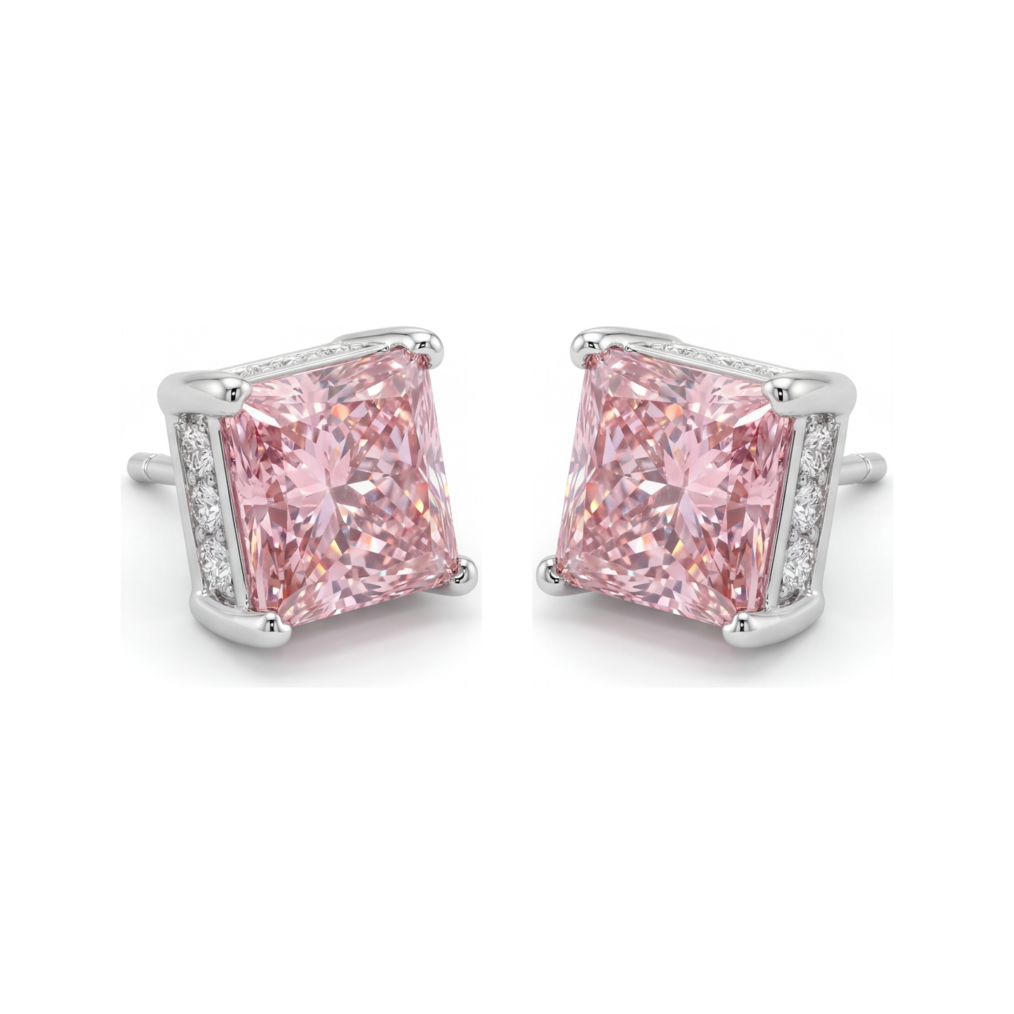 Pink Diamond Earrings 5 Carat Lab Grown Princess Solitaire 14K White Gold