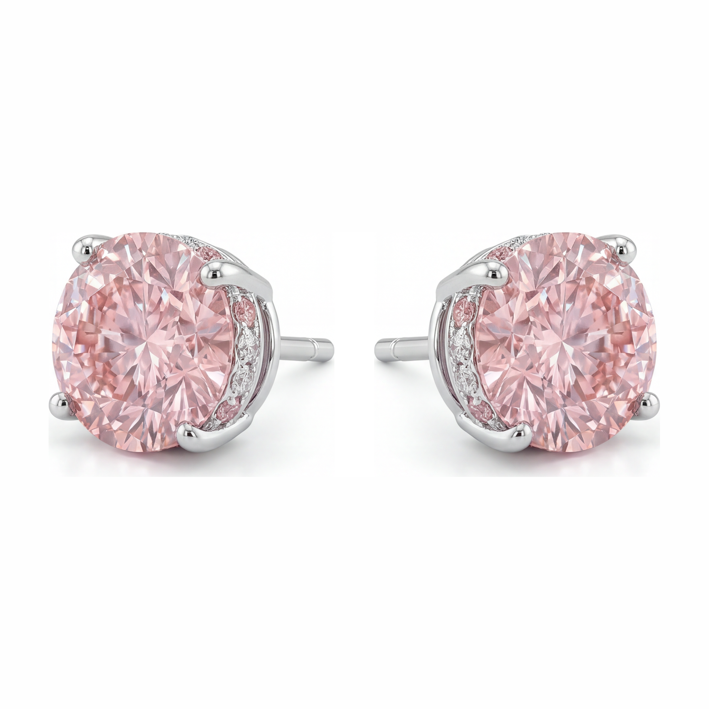 Lab Grown Pink Diamond Earrings 5 Carat Round Hidden Halo 14K White Gold