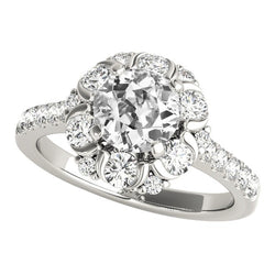 5.25 Carats Halo Round Real Old Miner Natural Earth Mined Diamond Ring Flower Style White Gold