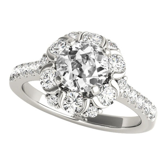 5.25 Carats Halo Round Real Old Miner Diamond Ring Flower Style White Gold