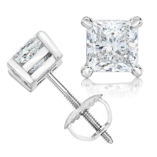 5.50 Carats Princess Cut Real Diamonds Ladies Studs Earrings White Gold