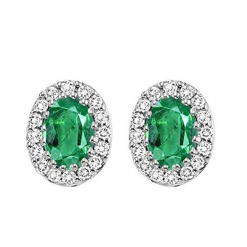 5.50 Carats Prong Set Green Emerald With Diamonds Stud Earrings Gold 14K