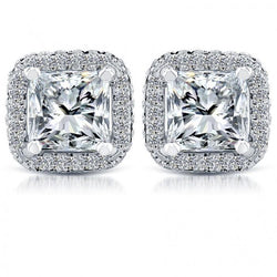 5.70 Carats Princess & Round Real Diamond Stud Earrings White Gold 14K