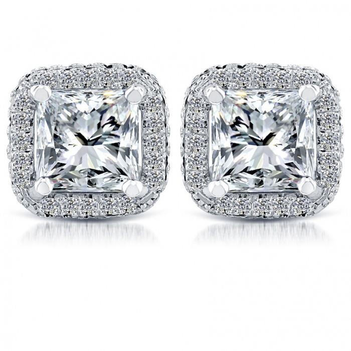 5.70 Carats Princess & Round Real Diamond Stud Earrings White Gold 14K