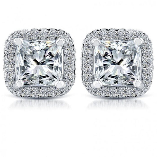 5.70 Carats Princess & Round Real Diamond Stud Earrings White Gold 14K