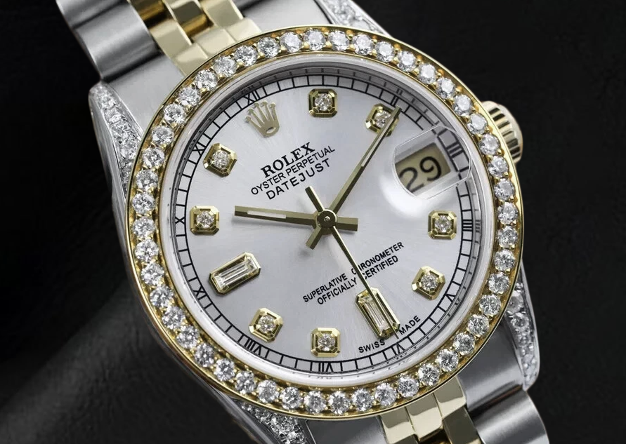 Mother Of Pearl Dial Rolex Dj Watch Custom Diamond Bezel Ss & Gold