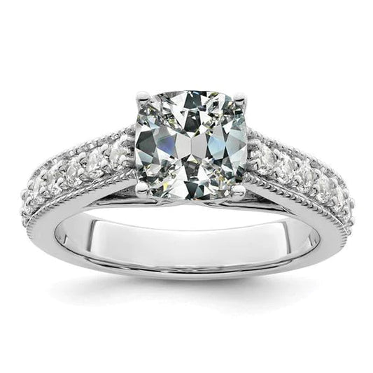 5 Carats Cushion Old Miner Real Diamond Ring With Accents White Gold Jewelry