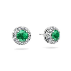 5 Carats Green Emerald With Natural Earth Mined Diamonds Halo Studs Earrings Gold White 14K