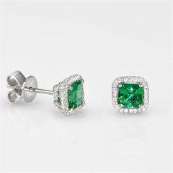 5 Carats Green Emerald With Halo Diamonds Stud Earrings White Gold 14K