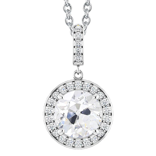 5 Carats Halo Real Diamond Pendant Round Old Mine Cut White Gold 14K