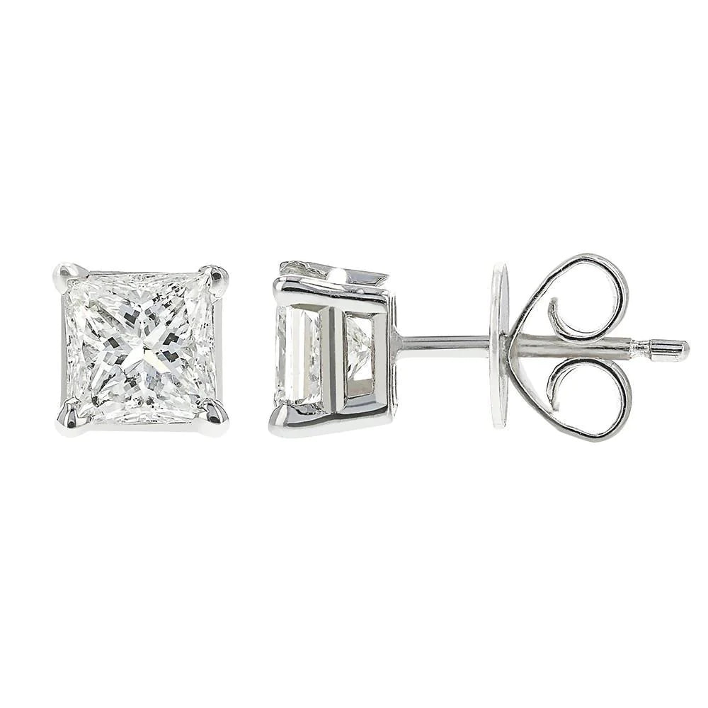 5 Carats Princess Cut Real Diamond Women Studs Earrings White Gold