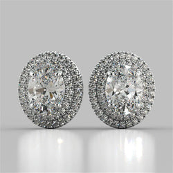 5 Carats Prong Set Oval Double Halo Real Diamond Stud Earring White Gold