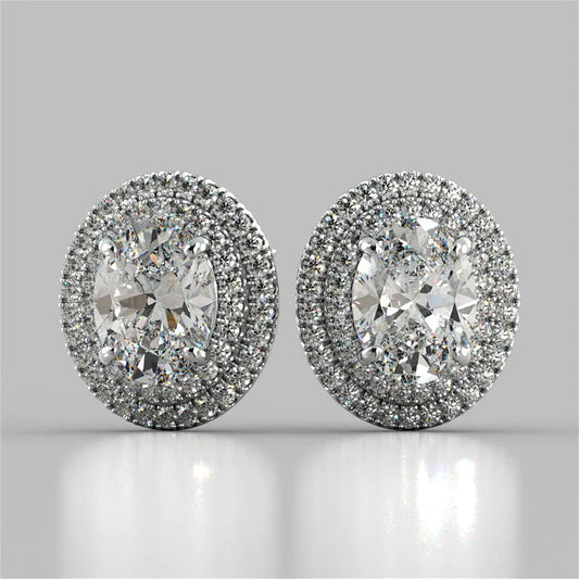 5 Carats Prong Set Oval Double Halo Real Diamond Stud Earring White Gold