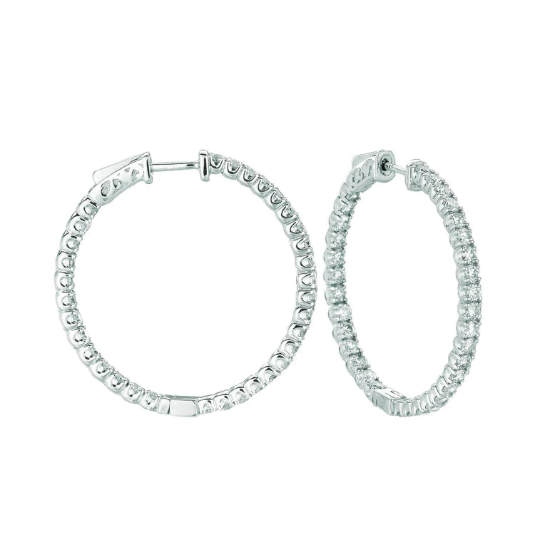 5 Pointer Natural Hoop Earrings Patented Snap Lock 3.25 Carats 14K White