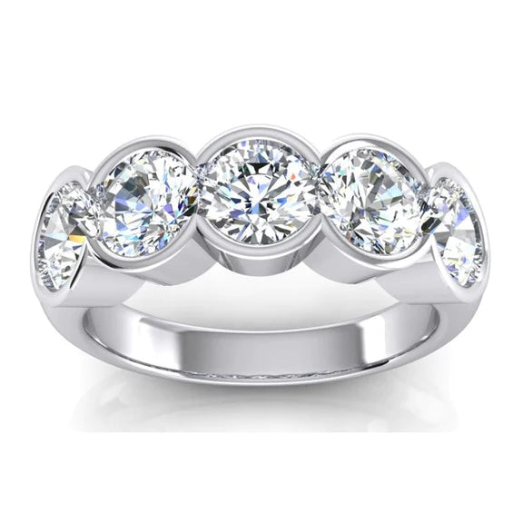 5 Stone Half Bezel Round Real Diamond Band 3 Carats